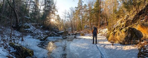 Obraz premium High-angle view of a photographer trekking through a frozen forest, footsteps trailing behind, as the sun bursts through an icy canopy