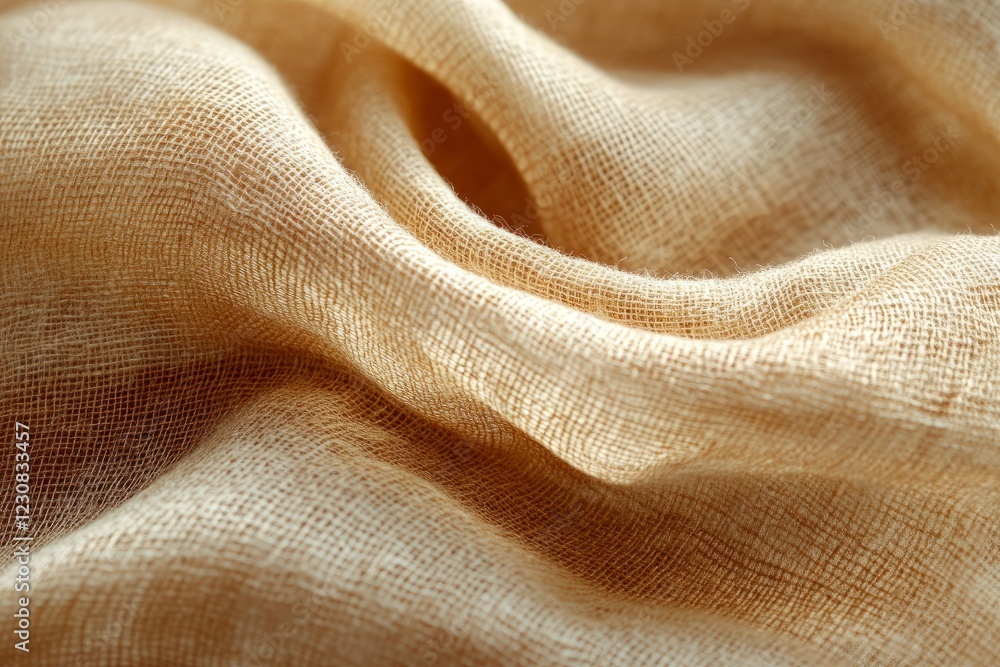 Poster close-up of beige fabric with textured weave, showing folds and soft light.