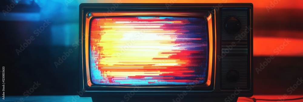 Poster Retro television displaying static noise and vibrant glitch patterns in a darkened room. Generative AI