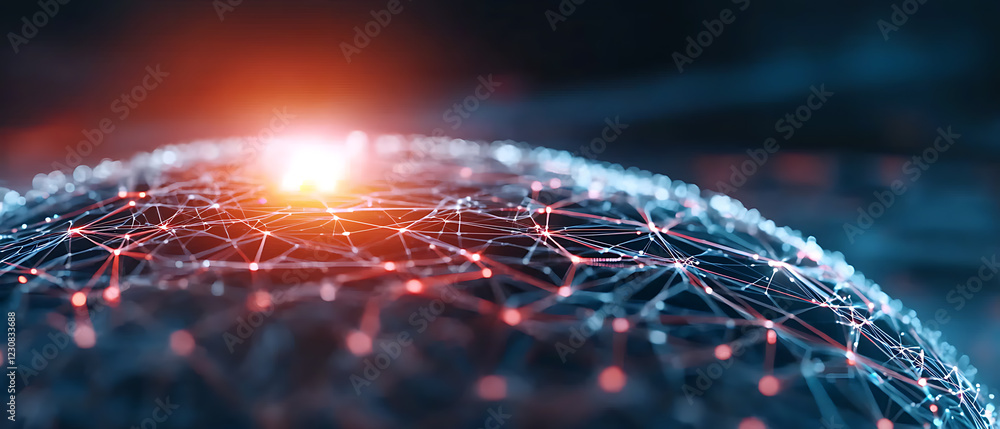 Poster illuminated holographic shield featuring blockchain elements digital landscape abstract visualizatio