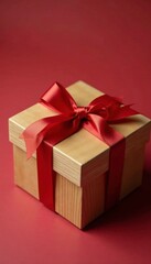 Obraz premium Wooden gift box with red ribbon tied in a bow, organized, wrapped, simple