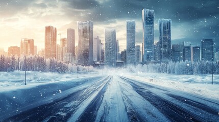 Obraz premium A modern metropolis frozen in time after an avalanche, with snow-covered roads, frosted windows, and glimmering ice reflecting sunlight