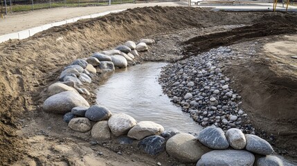 Water Feature Construction with Stones and Gravel in Landscape Design