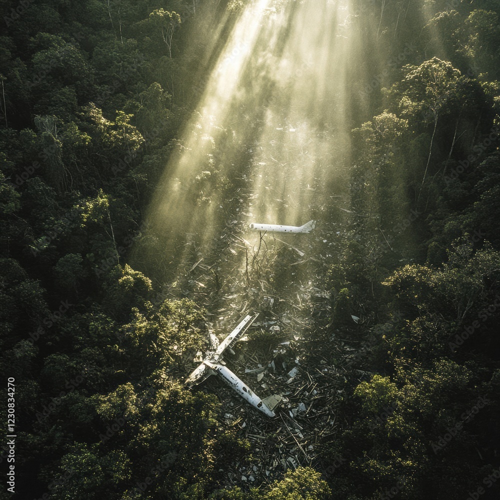 Poster dense forest reveals airplane debris in a clearing illuminated by sunlight. generative ai