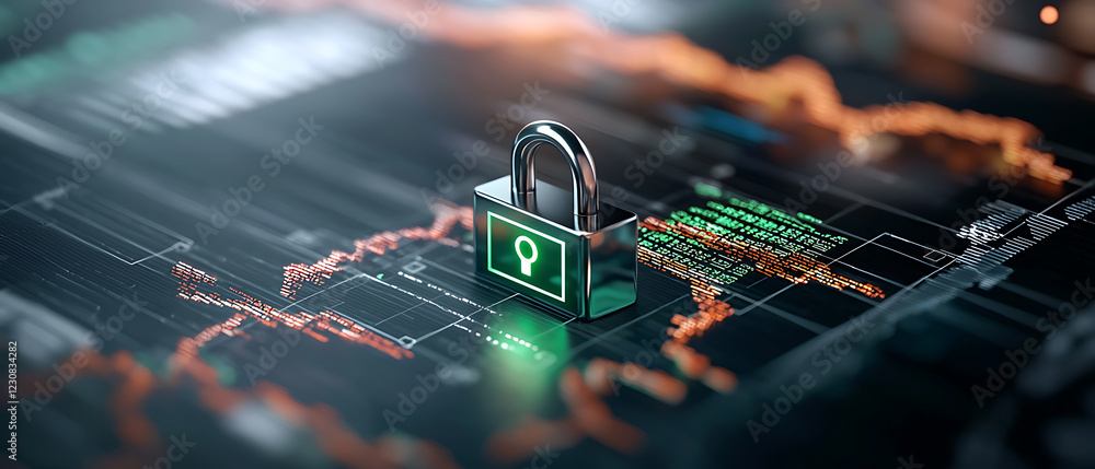 Poster digital security lock on trading chart financial market graphic design data visualization close-up v