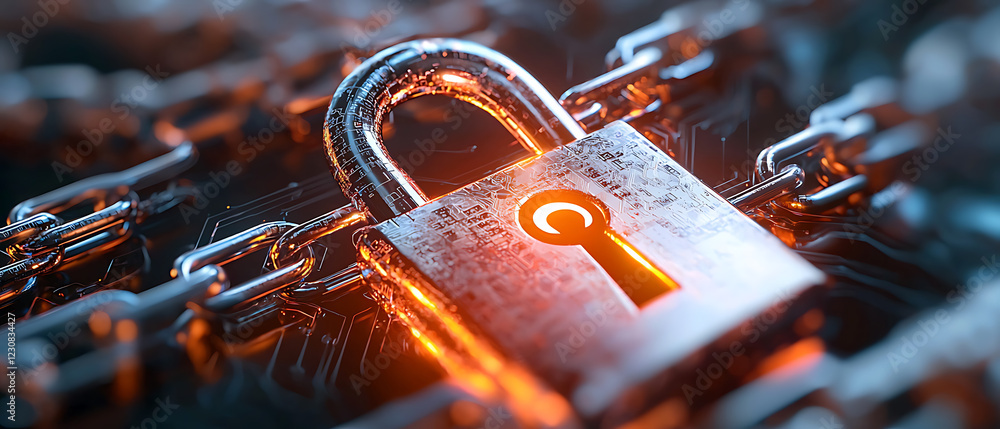 Poster blockchain security revolution a sleek glowing padlock connected to blockchain chain in a digital en