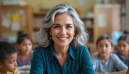 Beautiful charismatic senior woman teacher with grey hair in classroom with kids.