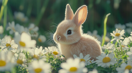 Cute fluffy baby bunny rabbit sitting on a bed of spring flowers, natural outdoor light, green grass background, shallow depth of field, photorealistic