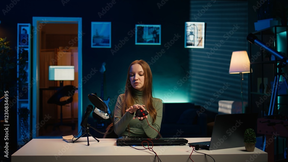 Aufkleber happy influencer testing keyboard and mouse while doing review in personal studio to see if price is