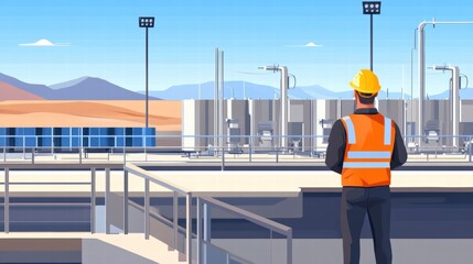 Worker Observing Industrial Facility with Mountains in Background