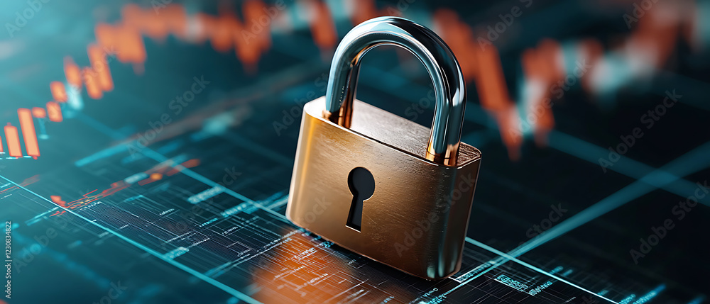 Poster secure investment insights a sleek padlock on trading chart data in a digital environment for financ