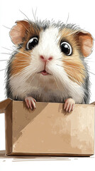 Fototapeta premium A playful illustration of a American Guinea Pig sitting inside a box, with large, curious eyes and exaggerated whiskers, drawn in a whimsical, child-friendly style