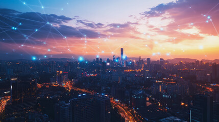 Smart digital Innovation city with connection network reciprocity over the cityscape. of future smart wireless digital city and social media networking systems that connects people with in city