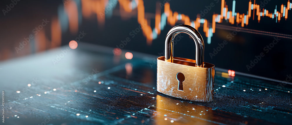 Poster secure trading insights a sleek golden padlock on financial data charts digital workspace modern fin