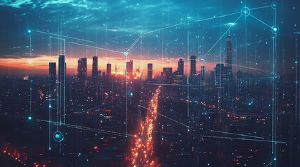 Fototapeta premium Smart digital Innovation city with connection network reciprocity over the cityscape. of future smart wireless digital city and social media networking systems that connects people with in city