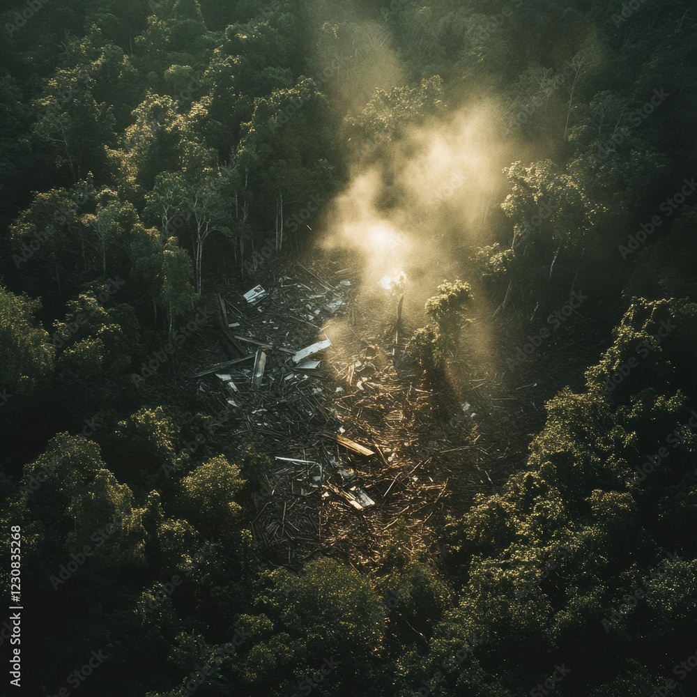 Aufkleber Aerial view reveals airplane debris in a clearing surrounded by dense forest in remote location at dusk. Generative AI