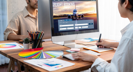 Online flight booking website provide brisk reservation system . Travel technology concept .