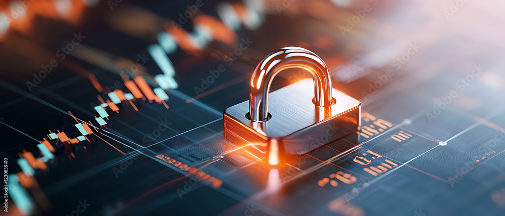 Poster secure financial data visualization sleek padlock icon with holographic overlay on stock market char