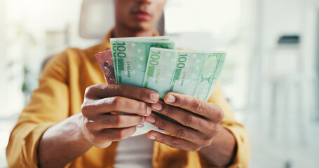 Man, hands and counting money in office, savings and account for financial revenue. Male person,...