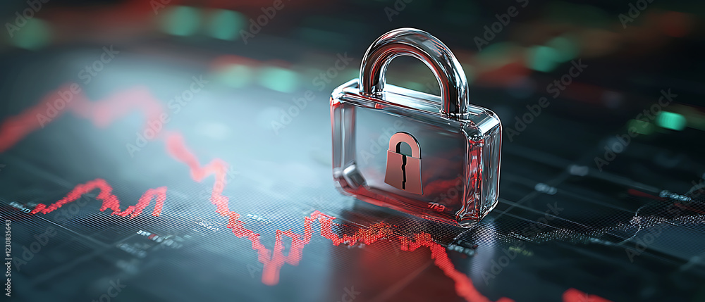 Poster digital security in trading transparent padlock symbolizing protection over financial graphs technol