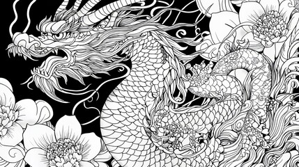 Japanese dragon design with wind bars, floral accents, and intricate scales, drawn in bold black lines for a tattoo or coloring book