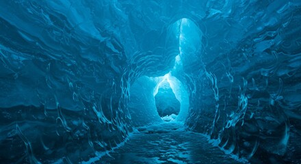 A frozen glacier where the ice glows with an ethereal blue light, revealing hidden patterns within