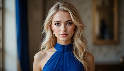 Fototapeta premium portrait of a beautiful blond woman in blue dress