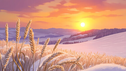 Golden wheat stalks emerging from snowy fields against a mountainous winter sunset. Frosted Fields. Illustration