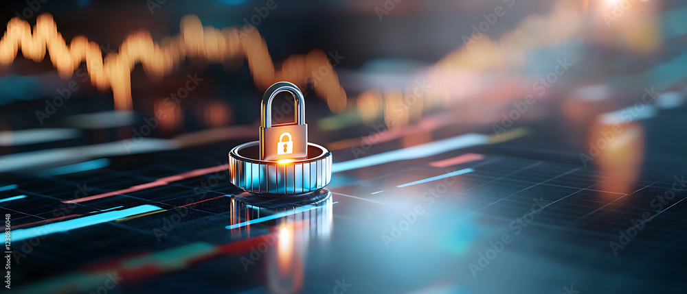 Poster digital security enhancement padlock on trading graph financial market digital visualization tech en