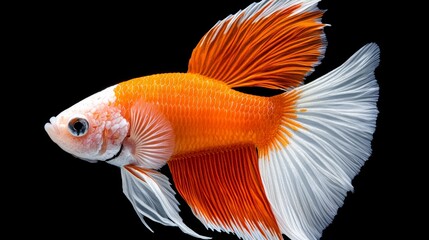 Fototapeta premium Vibrant orange and white betta fish in dynamic motion, captured against a solid black background, highlighting its flowing fins