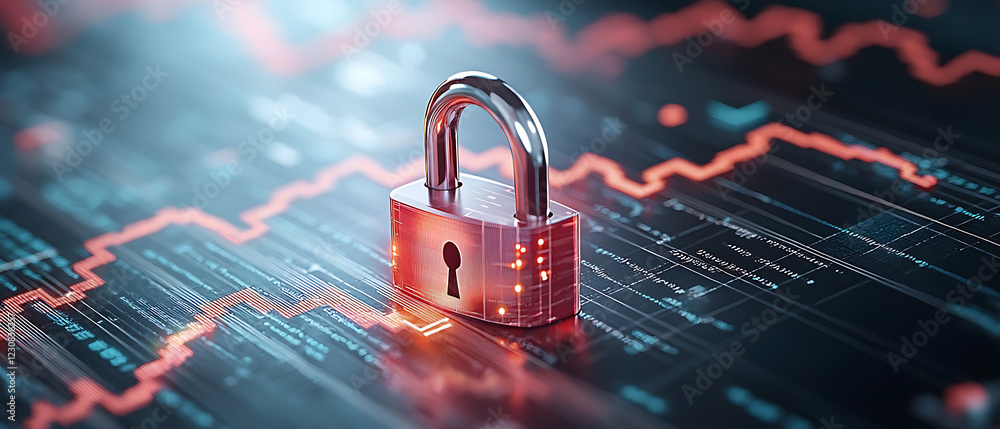 Aufkleber digital security event featuring a vibrant padlock on financial graphs technology environment close-