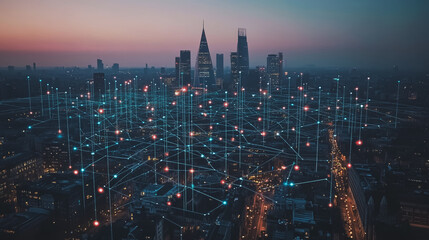 Fototapeta premium Abstract business man stands on Smart digital Innovation city with connection network reciprocity over the twilight cityscape. of future wireless digital city and social media networking systems