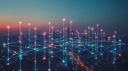 Abstract business man stands on Smart digital Innovation city with connection network reciprocity over the twilight cityscape. of future wireless digital city and social media networking systems