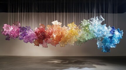 Colorful glass installation hangs from the ceiling in modern art gallery during daytime