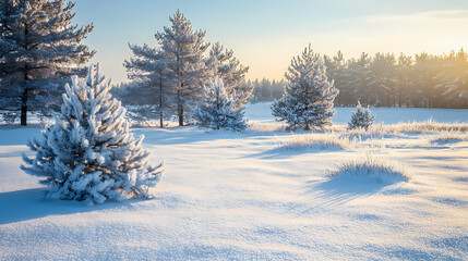 Serene winter landscape with snow-covered fields and frosted pine trees, ideal for seasonal greetings, winter events, or peaceful home decor. Frosted Fields. Illustration