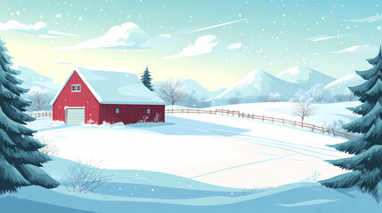 Serene winter landscape with snow-covered fields and frosted pine trees, ideal for seasonal greetings, winter events, or peaceful home decor. Frosted Fields. Illustration