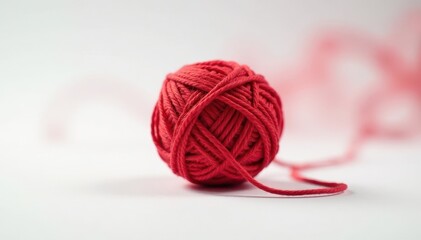 Ball of thread on white background with blurred red surroundings, isolated and alone , background blur, yarn, thread