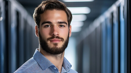 Innovative digital finance professional in secure network environment corporate office portrait photography indoor setting modern technology concepts