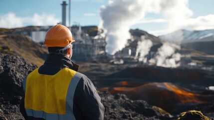 Obraz premium An engineer in a geothermal plant, surrounded by steam vents and rocky terrain.