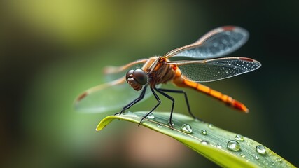 Dragonfly Macro on Dewy Leaf - Stunning Close-up