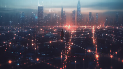 Abstract business man stands on Smart digital Innovation city with connection network reciprocity over the twilight cityscape. of future wireless digital city and social media networking systems
