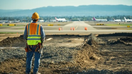 An engineer at an airport runway construction site, with planes taxiing in the distance. 