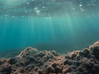 Sunlight underwater, Sunlight undersea lights up the dark water on a sunny day at the Mediterranean sea beach, Beautiful view under the clear turquoise blue and green ocean waters, Sun shines through.