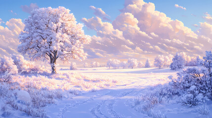 Winter landscape: snow-covered fields and frosted trees in peaceful countryside. Frosted Fields. Illustration