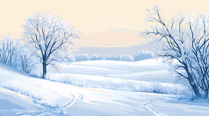 Obraz premium Winter morning with snow-covered fields and a distant line of frosted trees against a pale sky. Frosted Fields. Illustration
