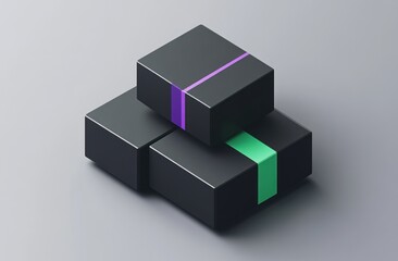 Obraz premium Stacked black cubes with purple and green stripes.