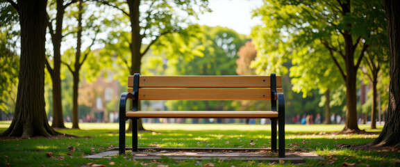Obraz premium Park bench in a serene mood surrounded by lush greenery