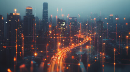 Fototapeta premium Smart digital Innovation city with connection network reciprocity over the cityscape. of future smart wireless digital city and social media networking systems that connects people with in city