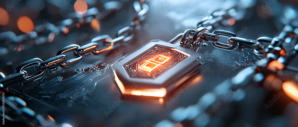 Poster blockchain chain links glowing and connecting to central node in a futuristic digital environment wi