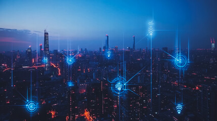 Fototapeta premium Smart digital Innovation city with connection network reciprocity over the cityscape. of future smart wireless digital city and social media networking systems that connects people with in city